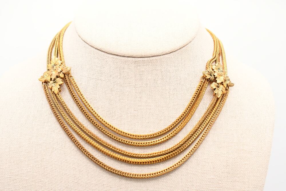 Vintage Lisner Gold Tone Triple Strand Choker Necklace Leaf Clasp